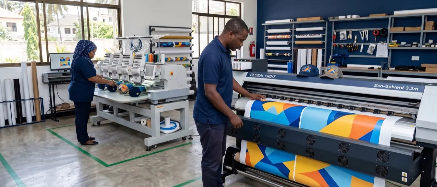 Zanwave production floor in Zanzibar with large format printing in progress