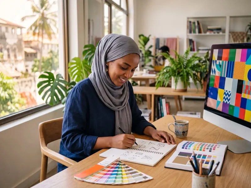 Zanwave designer developing logo concepts in the Zanzibar studio