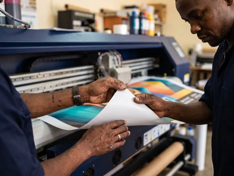 Operator checking ink density on a large format vinyl banner